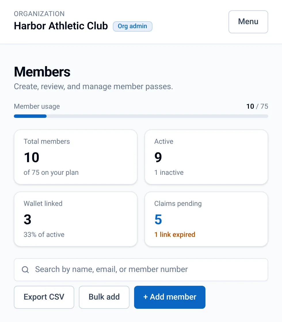 PassConsole Members page on a phone with demo data: member usage and stat cards