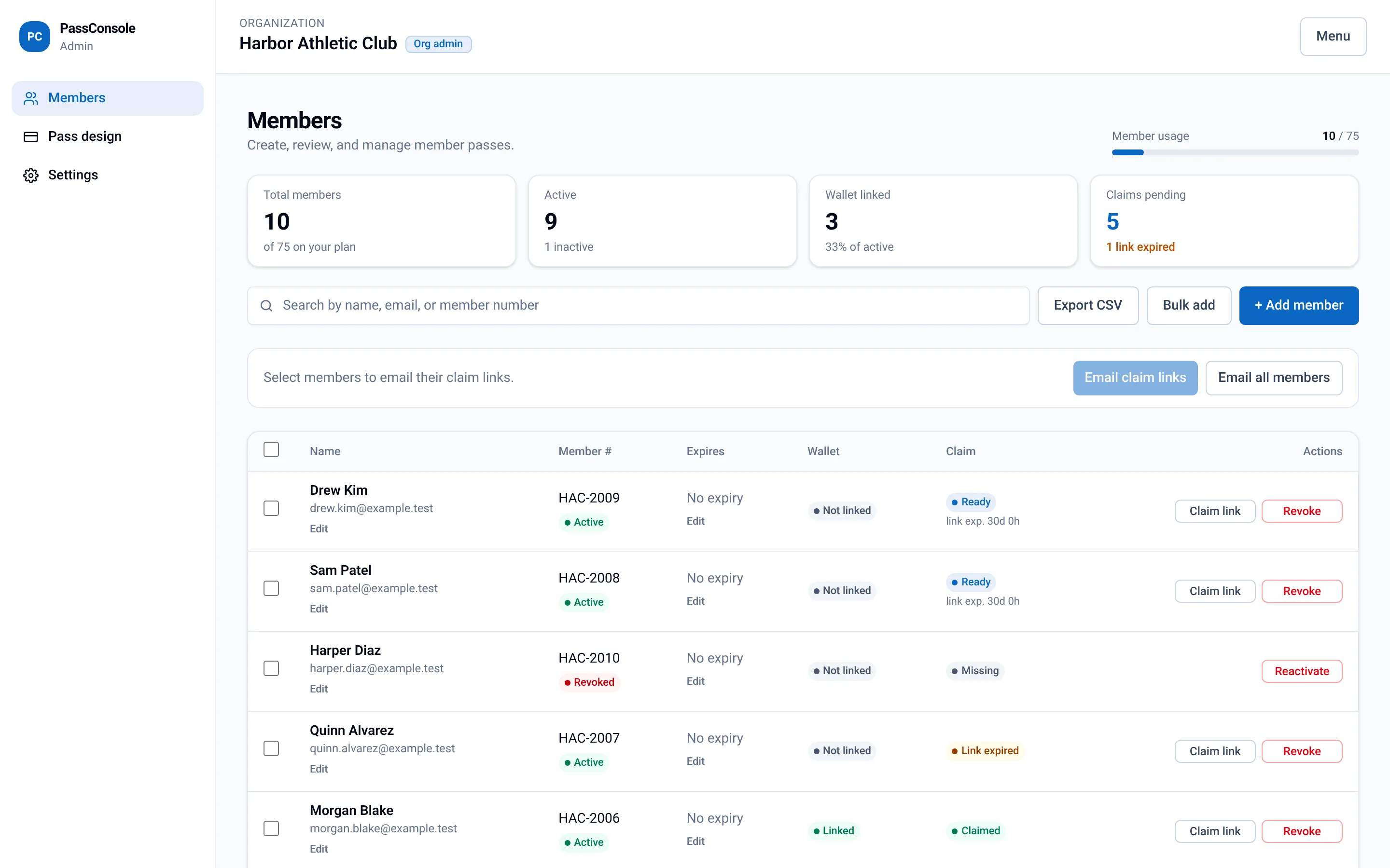 PassConsole Members page with demo data: stat cards, claim status badges, and Claim link and Revoke actions